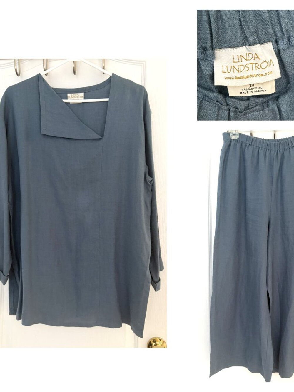 Linda Lundström 2pc Blue Grey Long Sleeve 100% Linen Tunic Pants Set Size 10